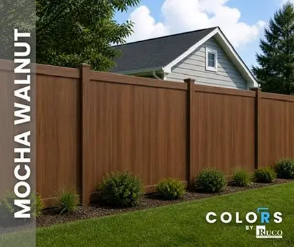 Mocha Walnut Vinyl Privacy Fence. Colors by Ruco Fence Products now stocked and ready for supply and distribution.