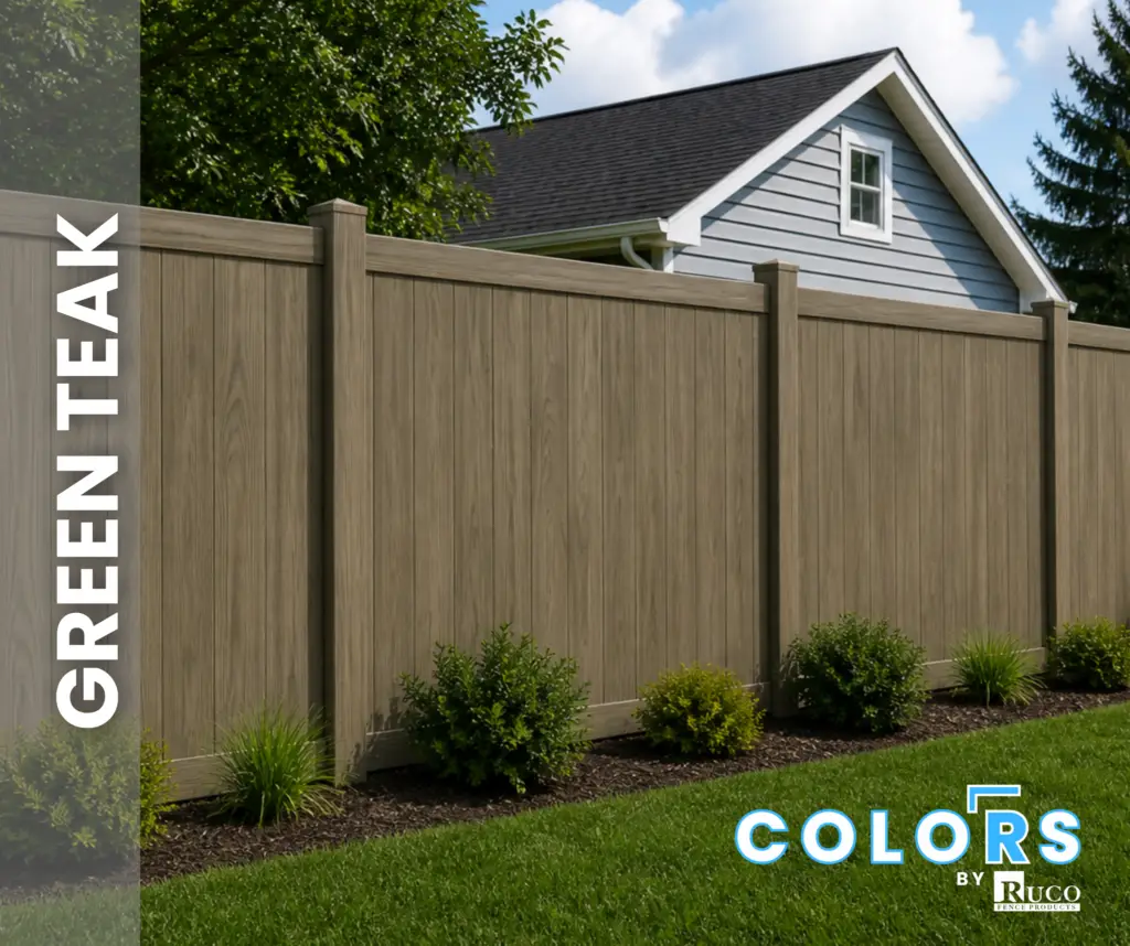 Colors by Ruco Fence Products - Grean Teak Vinyl Privacy Fence - Colored Vinyl Fence in stock and ready for supply and distribution to fence contractors.